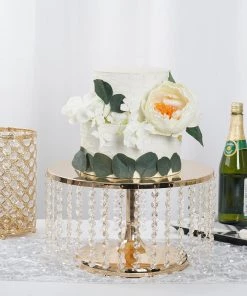 HIER_4110 8" Tall Metallic Gold Cake Stand, Cupcake Dessert Pedestal With 36 Acrylic Crystal Chains 18 HIER_4110 8