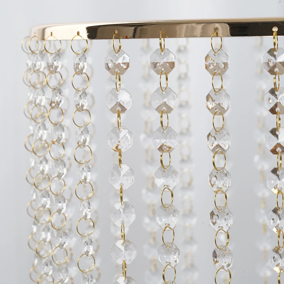 HIER_4110 8" Tall Metallic Gold Cake Stand, Cupcake Dessert Pedestal With 36 Acrylic Crystal Chains 8 HIER_4110 8" Tall Metallic Gold Cake Stand, Cupcake Dessert Pedestal With 36 Acrylic Crystal Chains