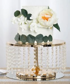 HIER_4110 8" Tall Metallic Gold Cake Stand, Cupcake Dessert Pedestal With 36 Acrylic Crystal Chains 16 HIER_4110 8