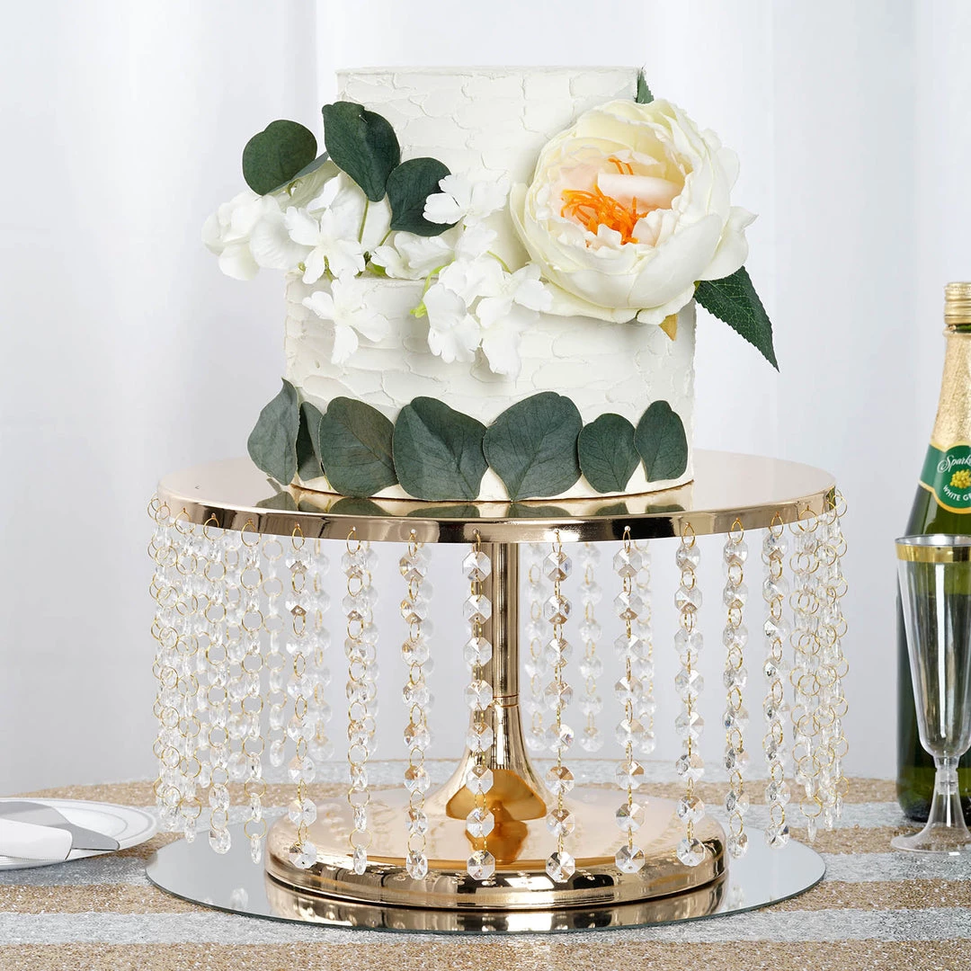HIER_4110 8" Tall Metallic Gold Cake Stand, Cupcake Dessert Pedestal With 36 Acrylic Crystal Chains 7 HIER_4110 8" Tall Metallic Gold Cake Stand, Cupcake Dessert Pedestal With 36 Acrylic Crystal Chains
