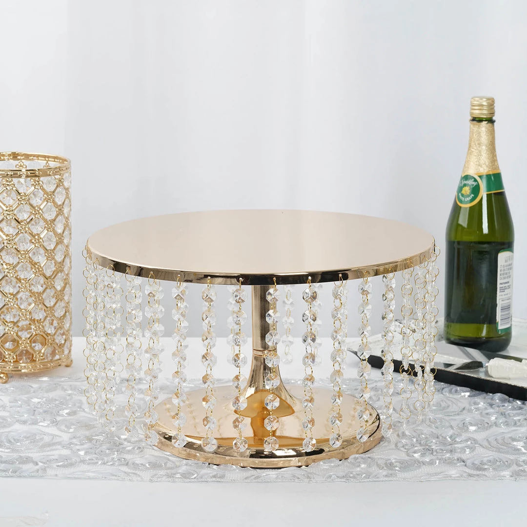 HIER_4110 8" Tall Metallic Gold Cake Stand, Cupcake Dessert Pedestal With 36 Acrylic Crystal Chains 1 HIER_4110 8" Tall Metallic Gold Cake Stand, Cupcake Dessert Pedestal With 36 Acrylic Crystal Chains