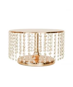 HIER_4110 8" Tall Metallic Gold Cake Stand, Cupcake Dessert Pedestal With 36 Acrylic Crystal Chains 19 HIER_4110 8