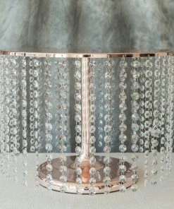 HIER_4110 12" Tall Metallic Blush/Rose Gold Cake Stand, Cupcake Dessert Pedestal With 42 Acrylic Crystal Chains Chargers & Centerpieces