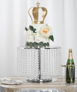 HIER_4400 12" Tall Metallic Silver Cake Stand, Cupcake Dessert Pedestal With 42 Acrylic Crystal Chains