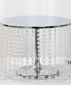 HIER_4400 12" Tall Metallic Silver Cake Stand, Cupcake Dessert Pedestal With 42 Acrylic Crystal Chains