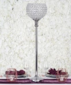 HIER_4400 37" Tall Silver Acrylic Crystal Goblet Votive Candle Holder Centerpiece