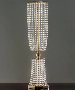 HIER_4400 32" Gold Acrylic Crystal Pendant Chain Hourglass Chandelier Stand Chargers & Centerpieces