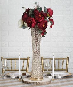 HIER_4400 24" Metallic Gold & Crystal Beaded Hurricane Floral Vase Centerpiece Chargers & Centerpieces