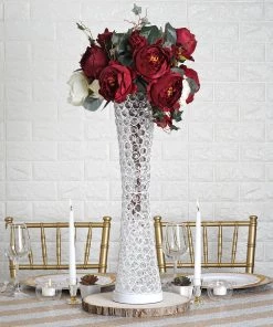 HIER_4400 24" White Metal & Crystal Beaded Hurricane Floral Vase Centerpiece Chargers & Centerpieces