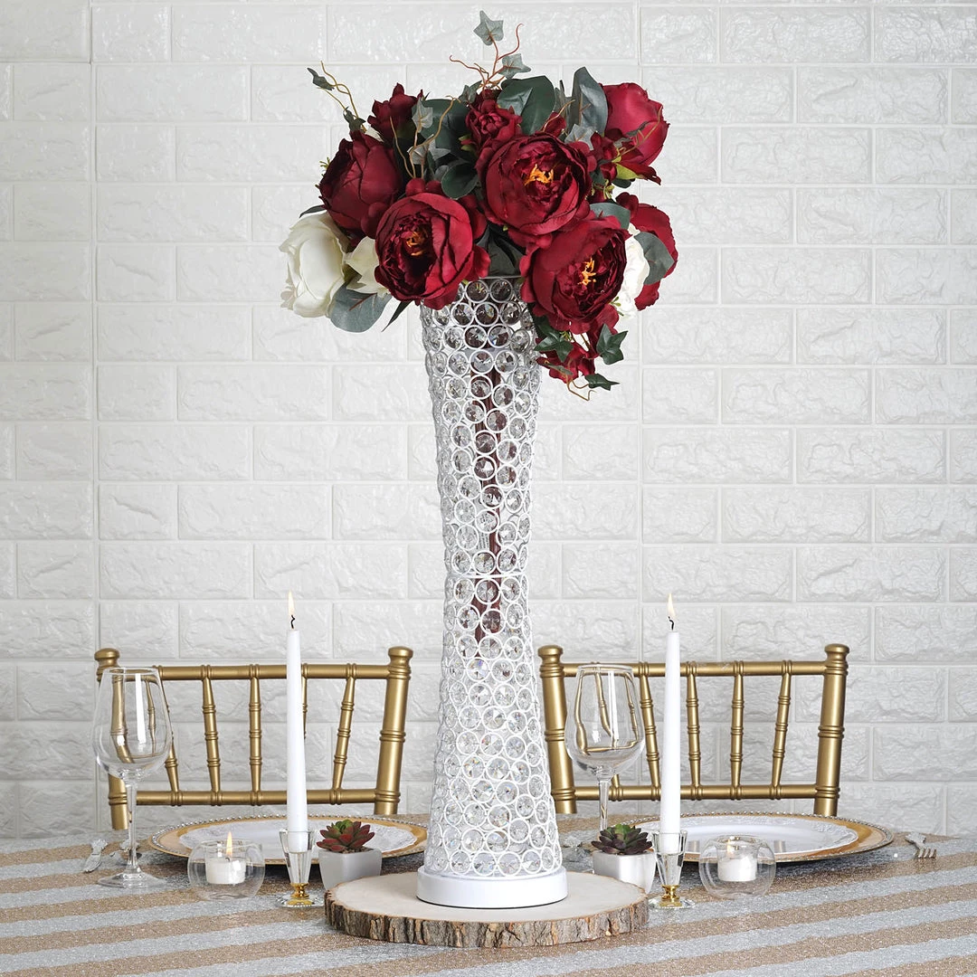 HIER_4400 24" White Metal & Crystal Beaded Hurricane Floral Vase Centerpiece Chargers & Centerpieces 1 HIER_4400 24" White Metal & Crystal Beaded Hurricane Floral Vase Centerpiece Chargers & Centerpieces