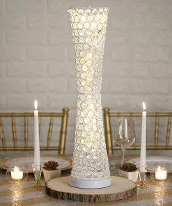 HIER_4400 24" White Metal & Crystal Beaded Hurricane Floral Vase Centerpiece Chargers & Centerpieces