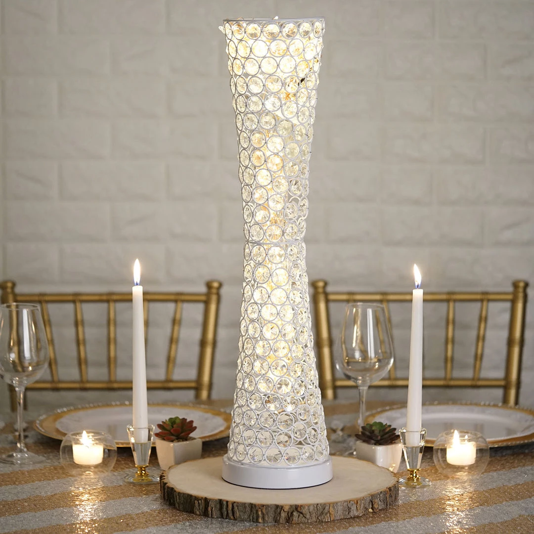 HIER_4400 24" White Metal & Crystal Beaded Hurricane Floral Vase Centerpiece Chargers & Centerpieces 2 HIER_4400 24" White Metal & Crystal Beaded Hurricane Floral Vase Centerpiece Chargers & Centerpieces