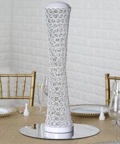 HIER_4400 24" White Metal & Crystal Beaded Hurricane Floral Vase Centerpiece Chargers & Centerpieces 17 HIER_4400 24