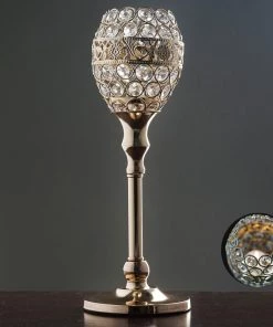 HIER_4310 2 Pack | 14" Gold Metal Goblet Acrylic Crystal Votive Candle Holder Set