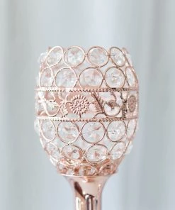 HIER_4310 Chargers & Centerpieces 2 Pack | 16" Blush/Rose Gold Metal Goblet Acrylic Crystal Votive Candle Holder Set