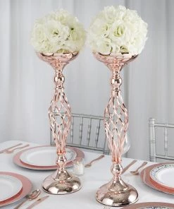 HIER_4310 2 Pack | 20" Blush/Rose Gold Reversible Votive Candle Holder Set Flower Ball Pedestal Stand Chargers & Centerpieces