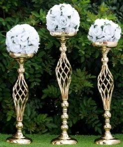 HIER_4310 2 Pack | 23" Gold Reversible Votive Candle Holder Set Flower Ball Pedestal Stand