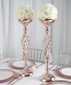 HIER_4310 2 Pack | 23" Blush/Rose Gold Reversible Votive Candle Holder Set Flower Ball Pedestal Stand Chargers & Centerpieces