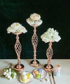 HIER_4310 2 Pack | 23" Blush/Rose Gold Reversible Votive Candle Holder Set Flower Ball Pedestal Stand Chargers & Centerpieces