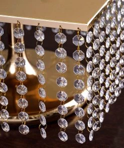 HIER_4110 14" Gold Square Metal Cake Stand, Chandelier Dessert Pedestal Stand With Acrylic Crystal Chains