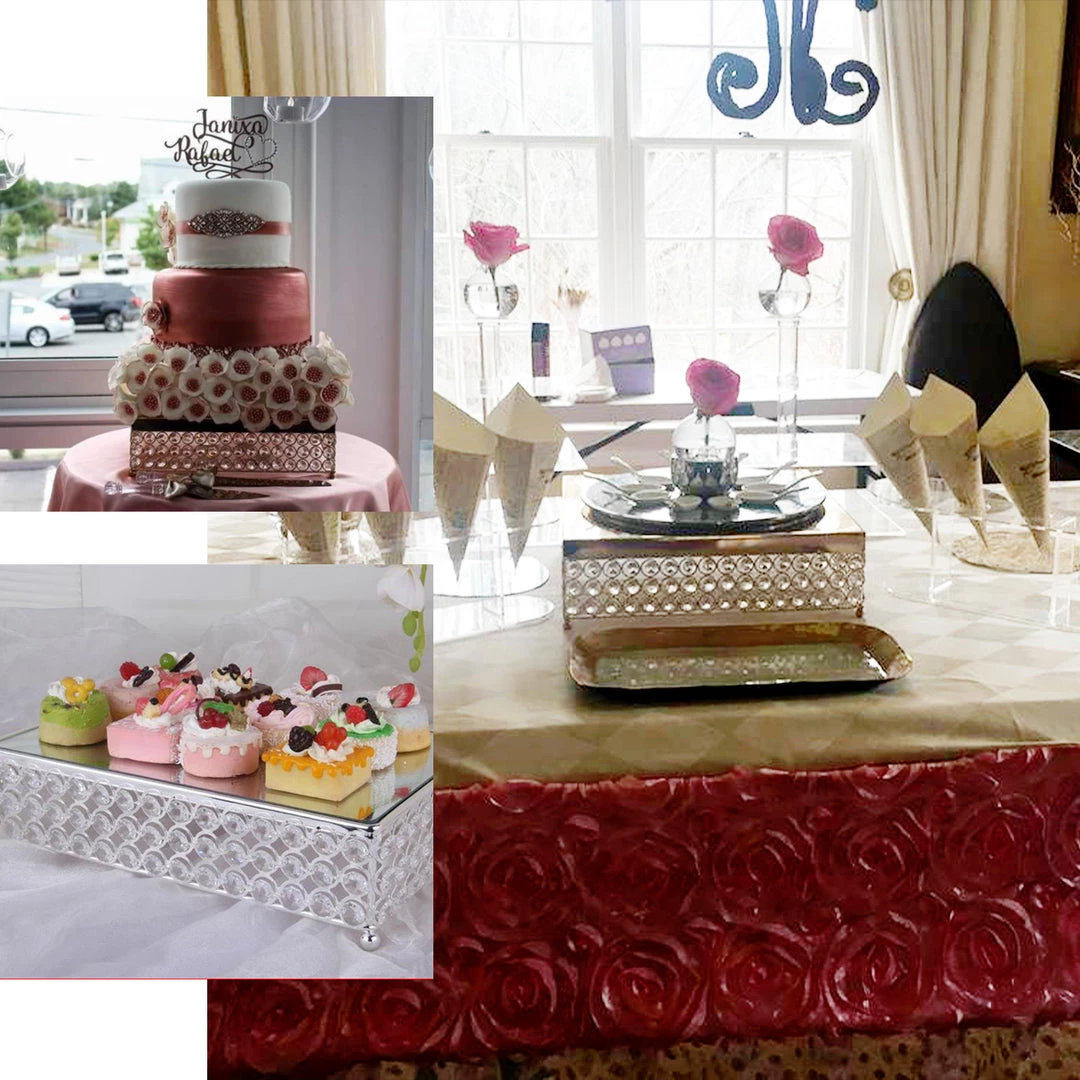 HIER_4110 14” Silver Square Crystal Beaded Metal Cake Stand, Dessert Pedestal 5 HIER_4110 14” Silver Square Crystal Beaded Metal Cake Stand, Dessert Pedestal