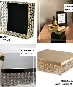 HIER_4110 14” Silver Square Crystal Beaded Metal Cake Stand, Dessert Pedestal 10 HIER_4110 14” Silver Square Crystal Beaded Metal Cake Stand, Dessert Pedestal