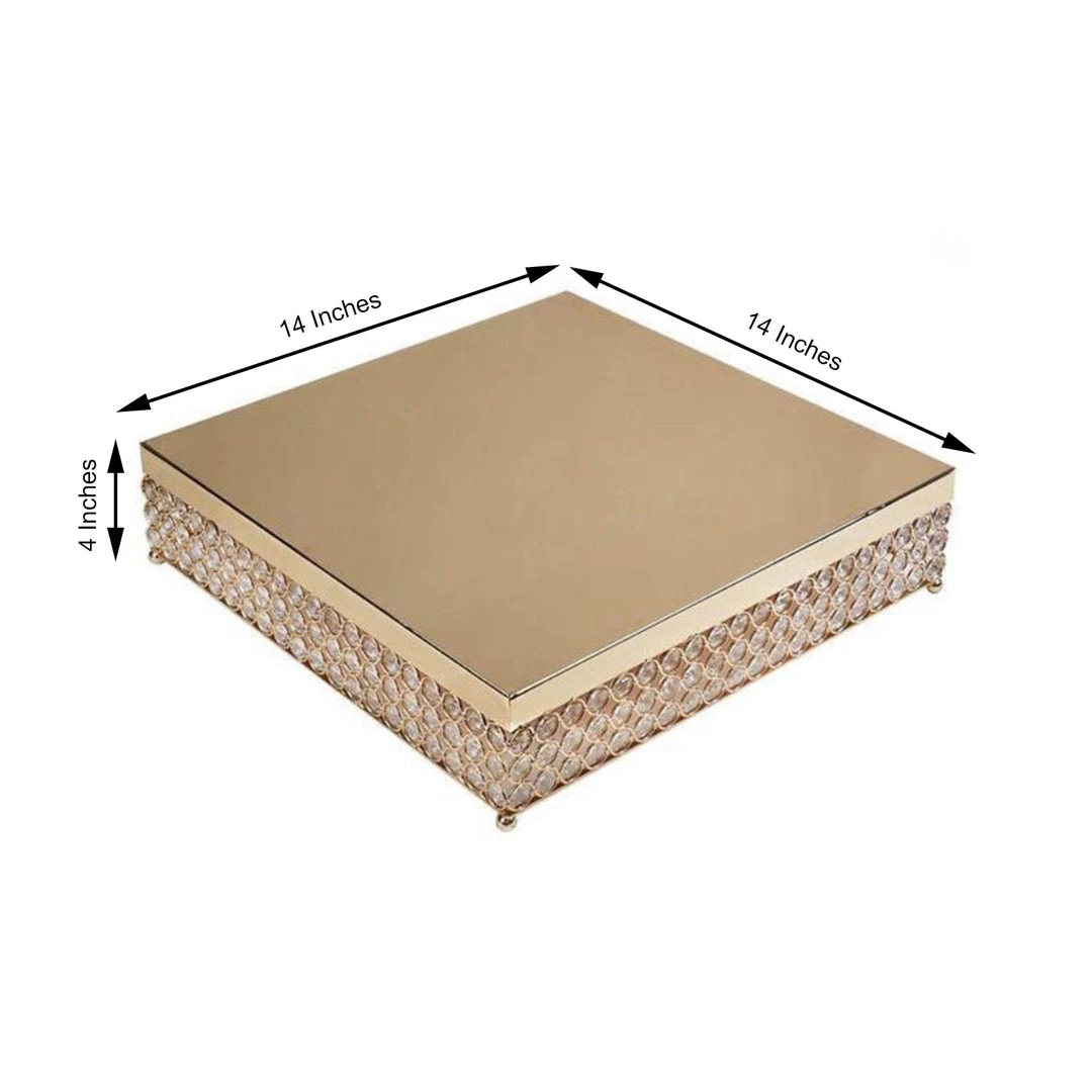HIER_4110 14” Gold Square Crystal Beaded Metal Cake Stand, Dessert Pedestal 3 HIER_4110 14” Gold Square Crystal Beaded Metal Cake Stand, Dessert Pedestal