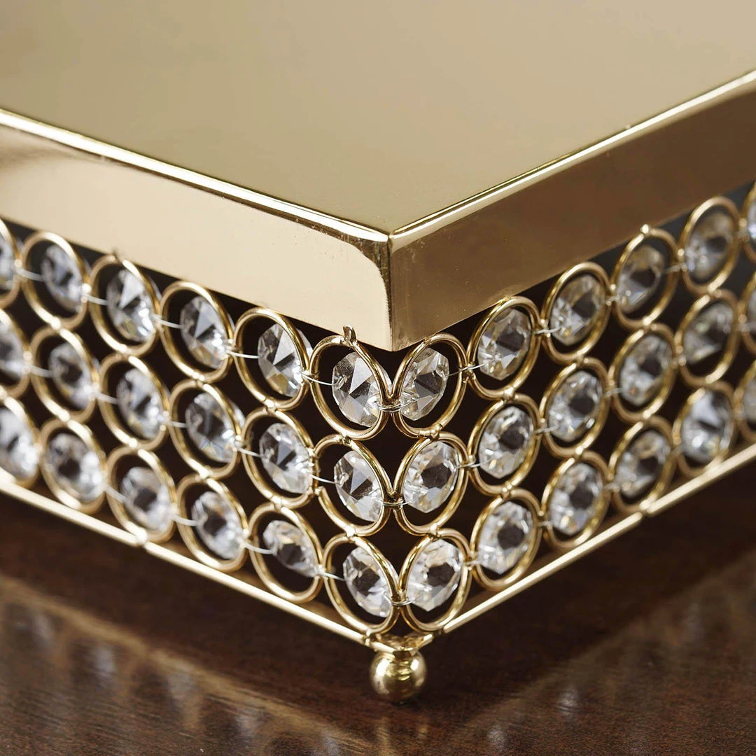 HIER_4110 14” Gold Square Crystal Beaded Metal Cake Stand, Dessert Pedestal 2 HIER_4110 14” Gold Square Crystal Beaded Metal Cake Stand, Dessert Pedestal