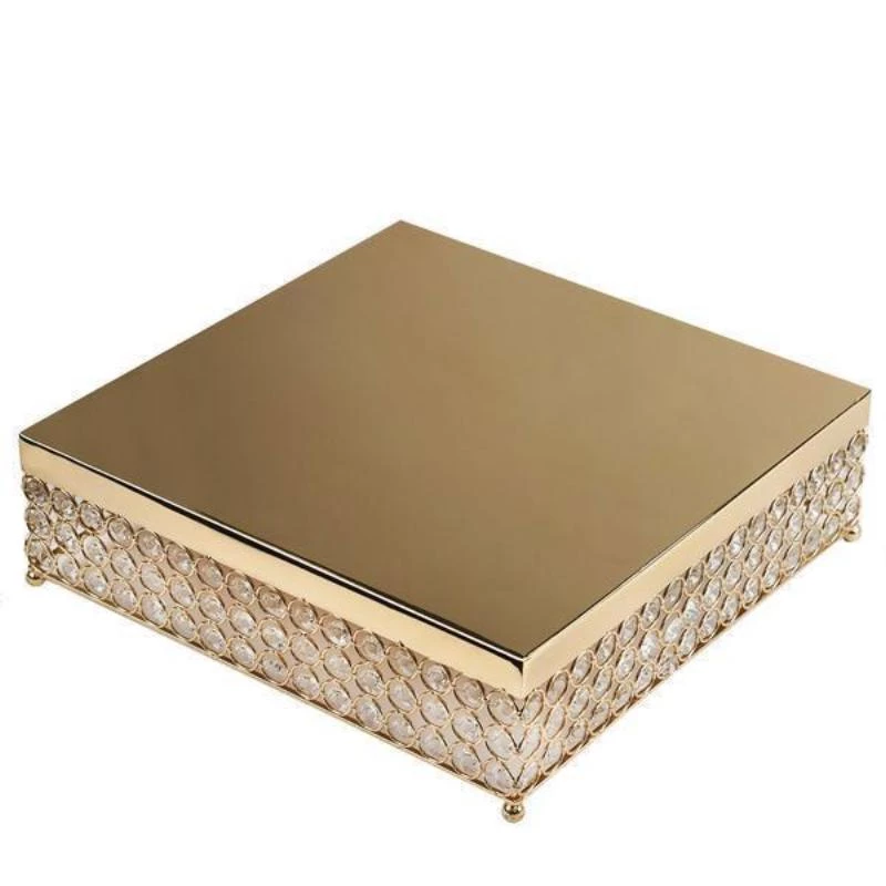 HIER_4110 14” Gold Square Crystal Beaded Metal Cake Stand, Dessert Pedestal 6 HIER_4110 14” Gold Square Crystal Beaded Metal Cake Stand, Dessert Pedestal