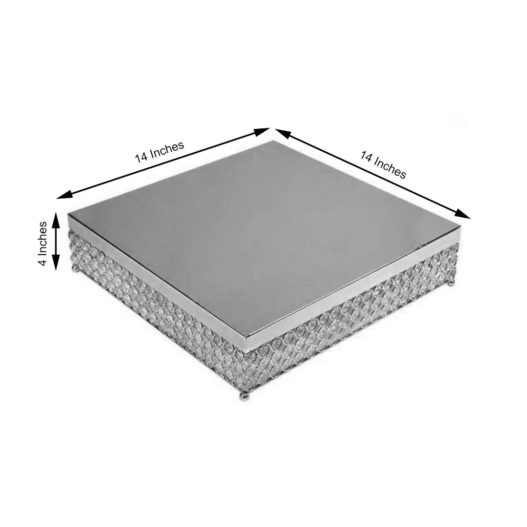 HIER_4110 14” Silver Square Crystal Beaded Metal Cake Stand, Dessert Pedestal 3 HIER_4110 14” Silver Square Crystal Beaded Metal Cake Stand, Dessert Pedestal