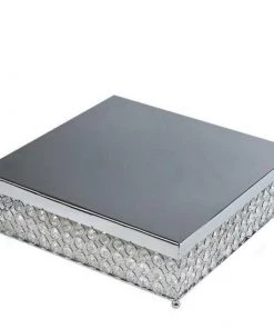 HIER_4110 14” Silver Square Crystal Beaded Metal Cake Stand, Dessert Pedestal 13 HIER_4110 14” Silver Square Crystal Beaded Metal Cake Stand, Dessert Pedestal