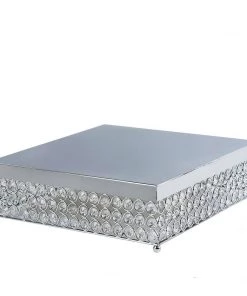 HIER_4110 14” Silver Square Crystal Beaded Metal Cake Stand, Dessert Pedestal