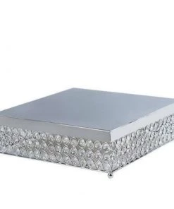 HIER_4110 14” Silver Square Crystal Beaded Metal Cake Stand, Dessert Pedestal 12 HIER_4110 14” Silver Square Crystal Beaded Metal Cake Stand, Dessert Pedestal