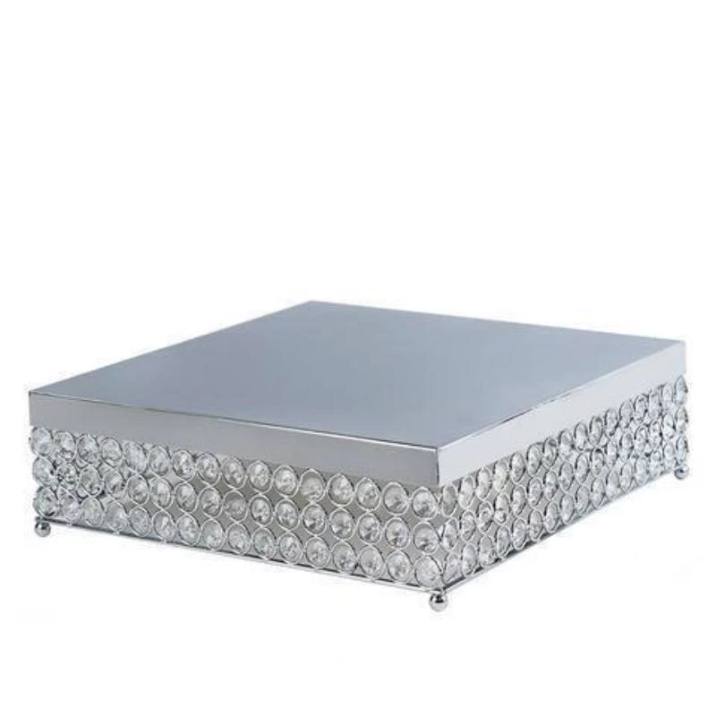 HIER_4110 14” Silver Square Crystal Beaded Metal Cake Stand, Dessert Pedestal 6 HIER_4110 14” Silver Square Crystal Beaded Metal Cake Stand, Dessert Pedestal