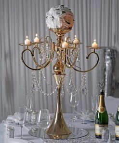 HIER_4340 27" Gold Metal 5 Arm Candelabra Votive Candle Holder With Hanging Crystal Drops Chargers & Centerpieces