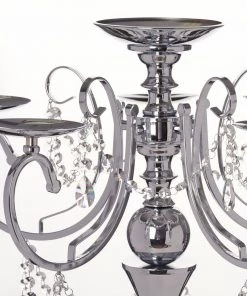 HIER_4340 27" Silver Metal 5 Arm Candelabra Votive Candle Holder With Hanging Crystal Drops