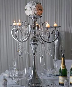 HIER_4340 27" Silver Metal 5 Arm Candelabra Votive Candle Holder With Hanging Crystal Drops