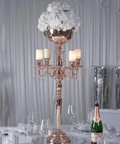 HIER_4340 33" Blush/Rose Gold Metal 4 Arm Candelabra Votive Candle Holder, Flower Vase Bowl Chargers & Centerpieces