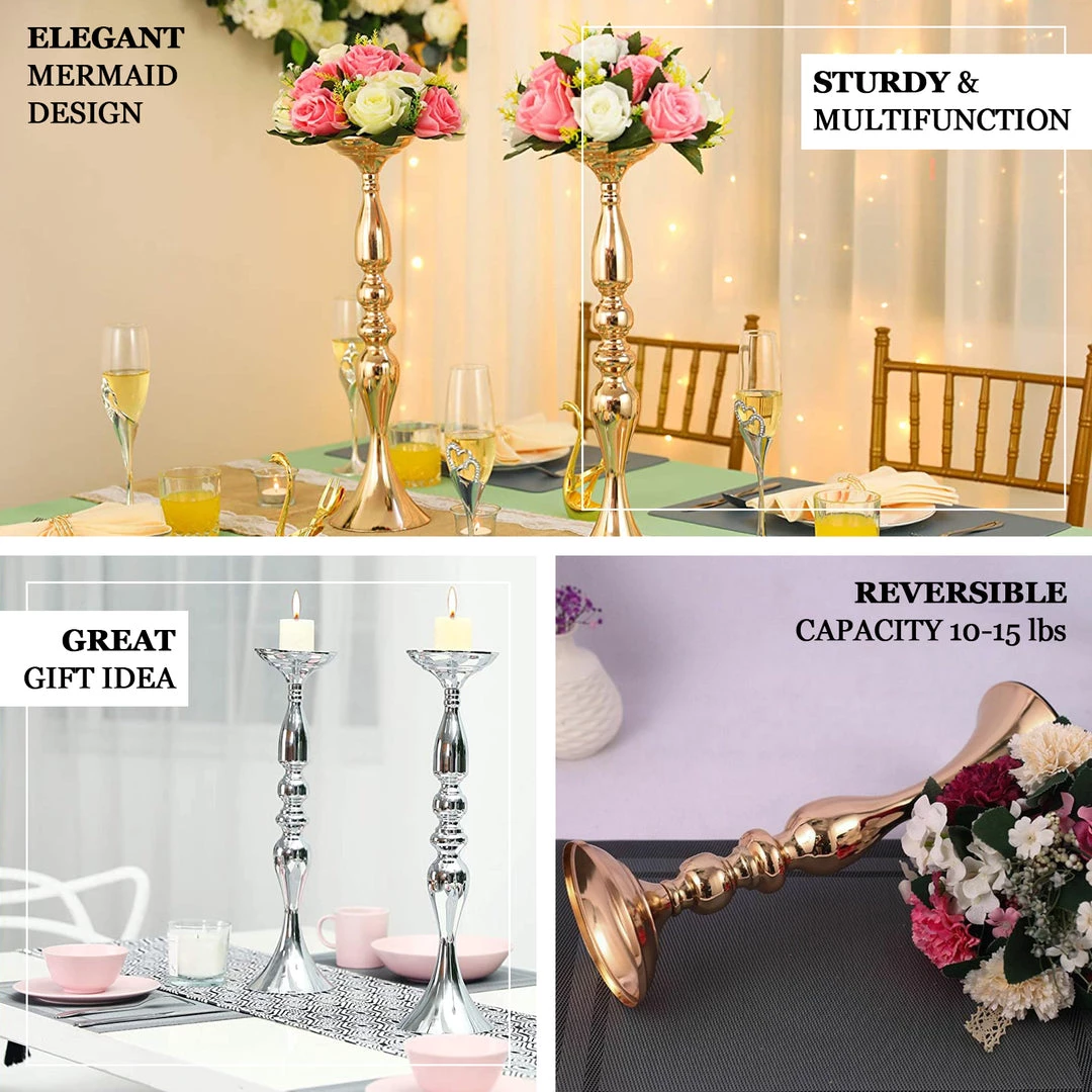 HIER_4400 Chargers & Centerpieces 2 Pack | 19" Tall Silver Metal Flower Vase, Reversible Candle Holders 4 HIER_4400 Chargers & Centerpieces 2 Pack | 19" Tall Silver Metal Flower Vase, Reversible Candle Holders