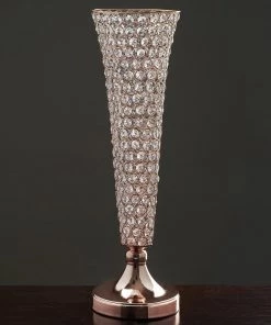 HIER_4400 2 Pack | Blush/Rose Gold 22” Tall Crystal Beaded Trumpet Vase Set, Table Centerpiece