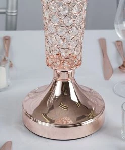 HIER_4400 2 Pack | Blush/Rose Gold 22” Tall Crystal Beaded Trumpet Vase Set, Table Centerpiece