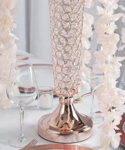 HIER_4400 2 Pack | Blush/Rose Gold 22” Tall Crystal Beaded Trumpet Vase Set, Table Centerpiece