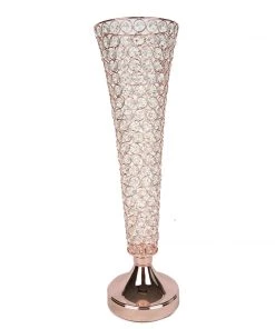 HIER_4400 2 Pack | Blush/Rose Gold 22” Tall Crystal Beaded Trumpet Vase Set, Table Centerpiece