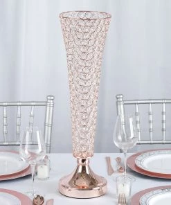HIER_4400 2 Pack | Blush/Rose Gold 22” Tall Crystal Beaded Trumpet Vase Set, Table Centerpiece