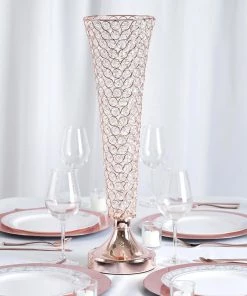 HIER_4400 2 Pack | Blush/Rose Gold 22” Tall Crystal Beaded Trumpet Vase Set, Table Centerpiece