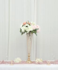 HIER_4280 2 Pack | Gold 32” Tall Crystal Beaded Trumpet Vase Set, Table Centerpiece Chargers & Centerpieces