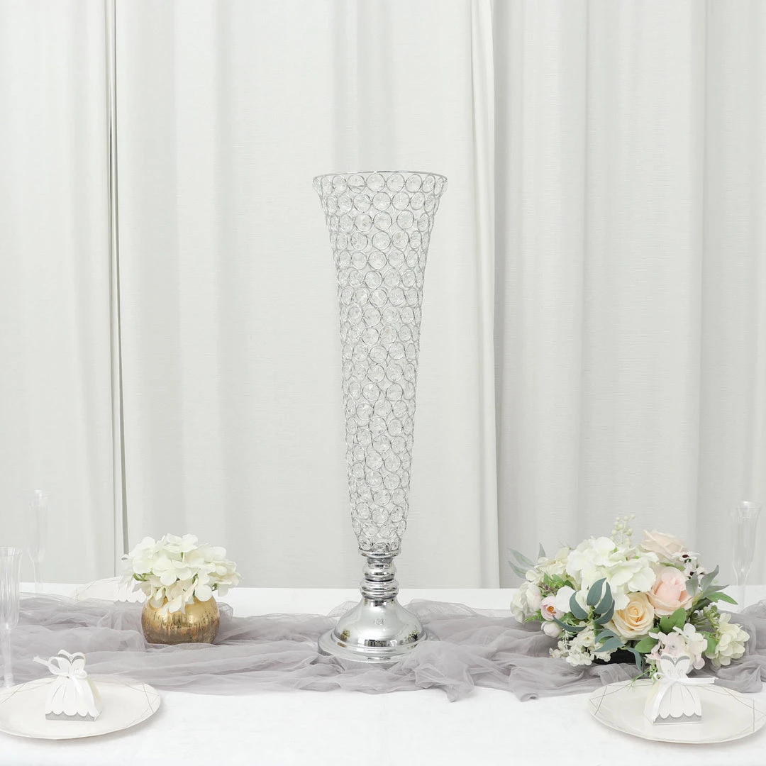 HIER_4820 2 Pack | Silver 32” Tall Crystal Beaded Trumpet Vase Set, Table Centerpiece 8 HIER_4820 2 Pack | Silver 32” Tall Crystal Beaded Trumpet Vase Set, Table Centerpiece