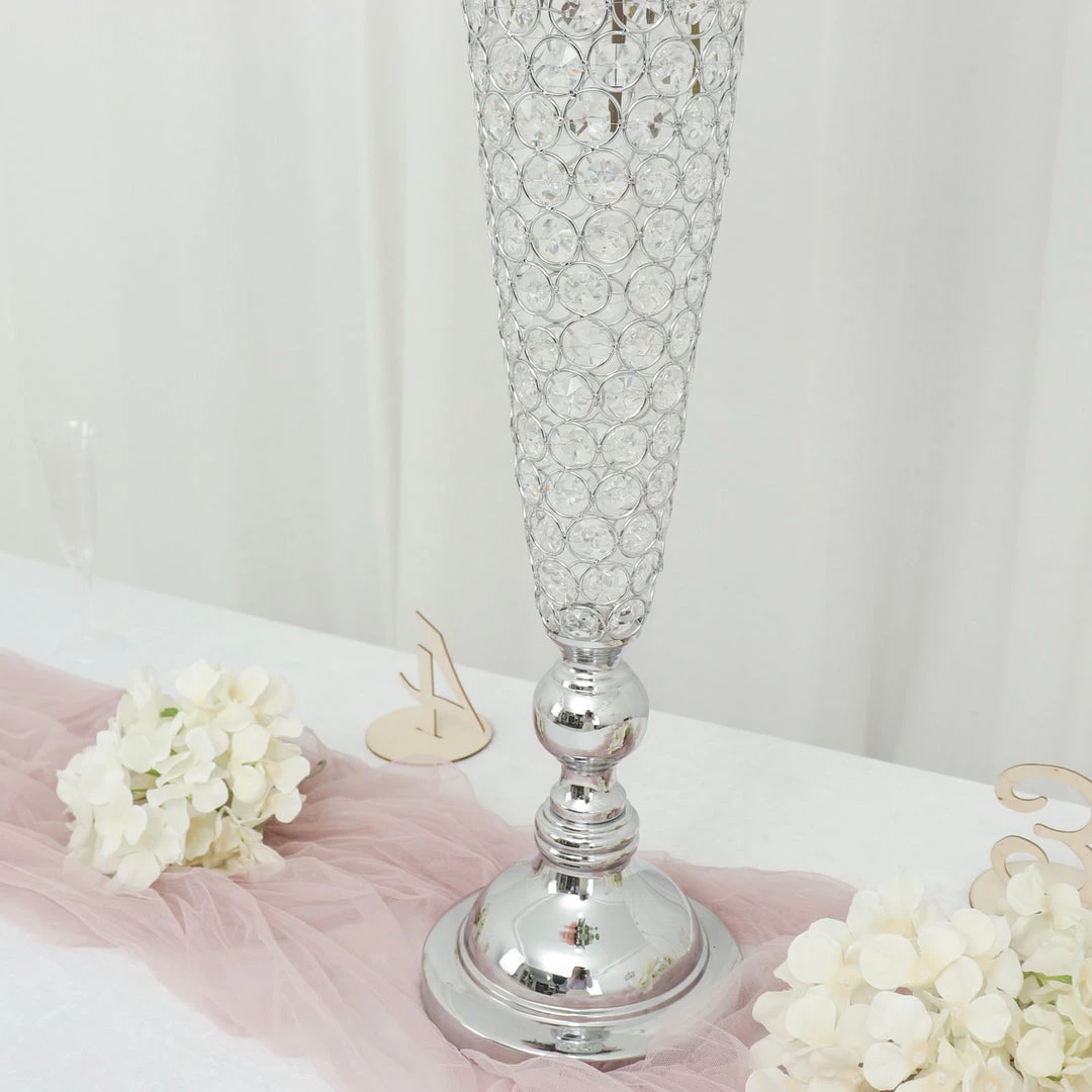 HIER_4820 2 Pack | Silver 32” Tall Crystal Beaded Trumpet Vase Set, Table Centerpiece 10 HIER_4820 2 Pack | Silver 32” Tall Crystal Beaded Trumpet Vase Set, Table Centerpiece