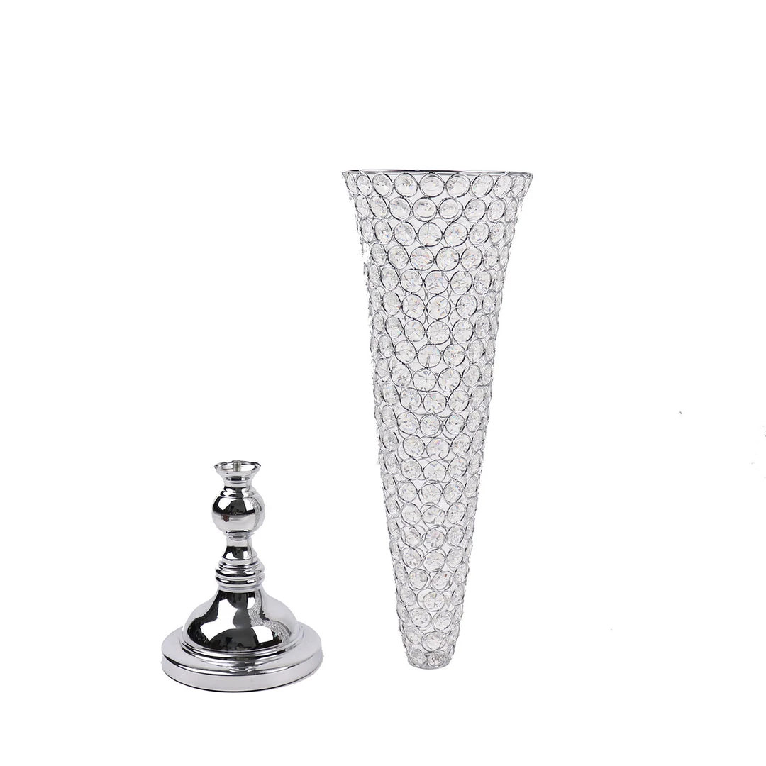 HIER_4820 2 Pack | Silver 32” Tall Crystal Beaded Trumpet Vase Set, Table Centerpiece 13 HIER_4820 2 Pack | Silver 32” Tall Crystal Beaded Trumpet Vase Set, Table Centerpiece