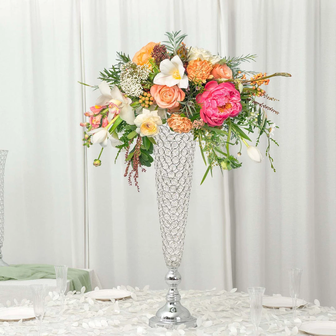 HIER_4820 2 Pack | Silver 32” Tall Crystal Beaded Trumpet Vase Set, Table Centerpiece 6 HIER_4820 2 Pack | Silver 32” Tall Crystal Beaded Trumpet Vase Set, Table Centerpiece